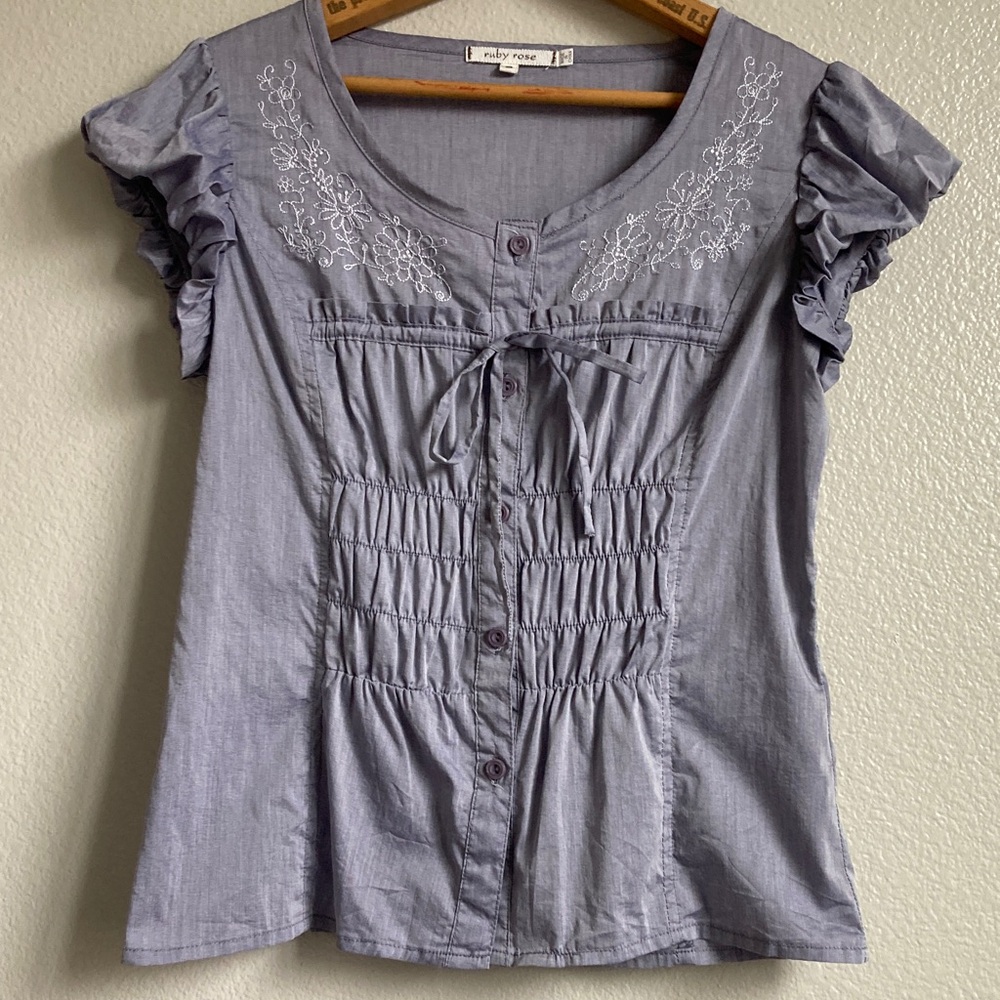 Ruby Rose Y2K cap puff bubble sleeve embroidered button up smocked Twee top sz S